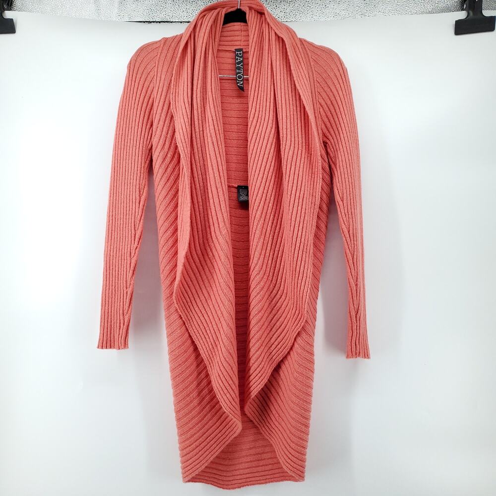 Payton Women Soft Wool Cocoon Ribbed Open Waterfall Front Cardigan Rounded Hem|S